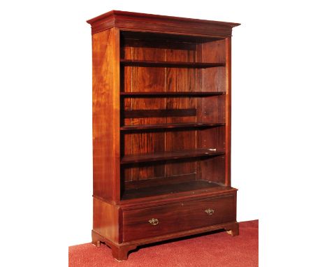 A LARGE MAHOGANY OPEN BOOKCASE, the adjustable shelves over two short drawers, on bracket feet, 200cm high, 80cm wide