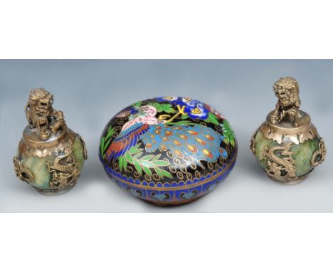 AN ORIENTAL CLOISONNÉ CIRCULAR BOX AND COVER with polychrome enamel decoration, 9cm diameter; and a pair of Chinese silver co