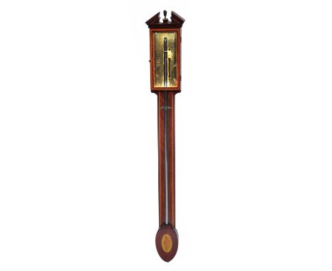 A GEORGIAN STYLE STICK BAROMETER with break arch pediment, brass dial and inlaid decoration signed Peter Wiggins Fecit, 93cm 