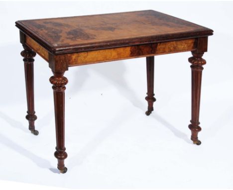 A 19TH CENTURY FRENCH FIGURED WALNUT RECTANGULAR FOLD OVER CARD TABLE having a green baize playing surface, line inlay and on