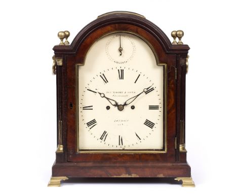 A GEORGE III MAHOGANY BRACKET CLOCK, the break arch Roman dial signed Jonathan Moore & Sons, Clerkenwell, London with strike/