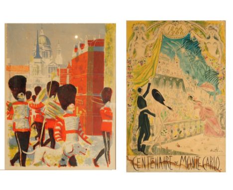 A COLOURED PRINT of guardsman by St Paul's Cathedral, 54 x 33cm and a printed poster entitled 'Centenaire de Monte Carlo', fr