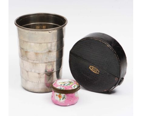 AN AUSTRIAN SILVER PLATED COLLAPSIBLE TRAVELLING BEAKER, in leather case, 7.5cm; and an enamelled patch box, painted with pan