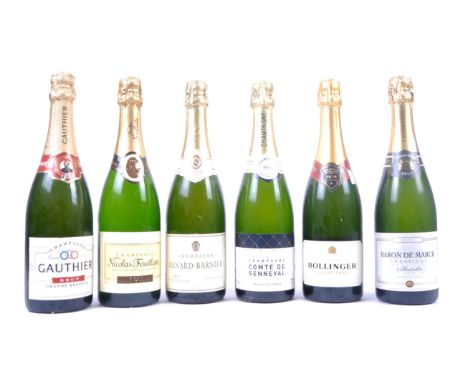 Six bottles of vintage Champagne comprising Nicolas Feuillatte brut, Baron De Marck, Bollinger Special Cuvee, Gauthier Grande