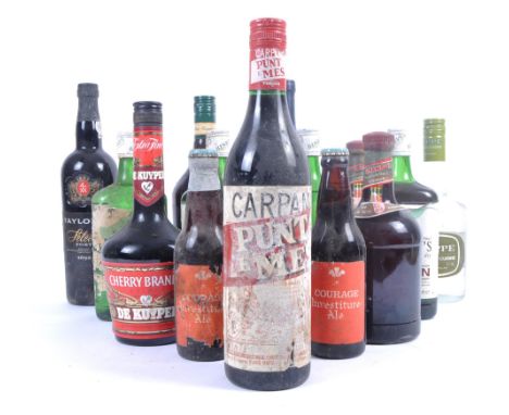A collection of vintage alcohol spirits to include Carpano, Taylors Port, Drambuie, 4x Henrys Gin, Hoppe, Grenadine, De Kuipe