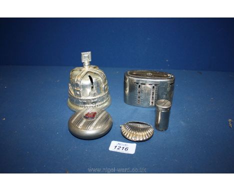 An old Lloyds Bank money box, a crown shaped money box, a pocket sixpence money box, a plated vesta case in the form of a cla