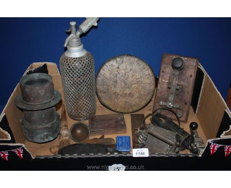 An old Soda Syphon bottle, door knocker, hanging light, set square, Marconi's wireless telegraph Co. Ltd; small plane, brass 