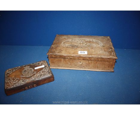 An oriental carved wooden Box with an emblem of Shropshire Light Infantry and a hand carved wooden Box with floral decoration