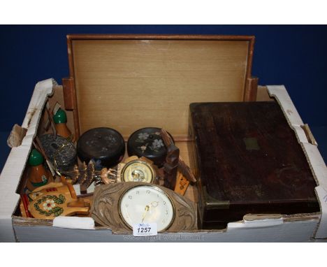 A box of miscellanea including treen, clock, writing slope, lidded power bowls, Austrian thermometer, etc.