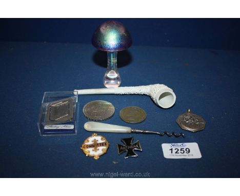 An old clay pipe, enamel badges (one saying ANTHRAX), coins, silver book mark, etc.
