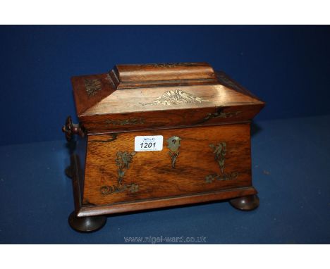 A Georgian mother of pearl inlaid Rosewood Tea Caddy, standing on four bun feet, having two handles (key missing)