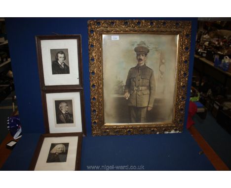 An original tinted portrait of a young man in WWI uniform, three early photogravure portraits of Wagner, Liszt and Heinrich H
