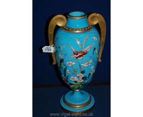 An impressive 19th c. baluster shape glass Vase, well decorated in low relief on one side with a Kingfisher, fuchsias, grasse