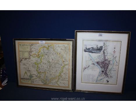 An engraved drawing of Worcester city and a reproduction of 1610 map of Warwick, both framed.