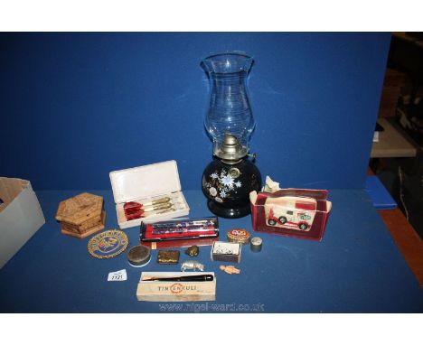 A glass lamp and shade, a Matchbox 'yesteryear' model, fountain pen, darts, wooden box, etc.