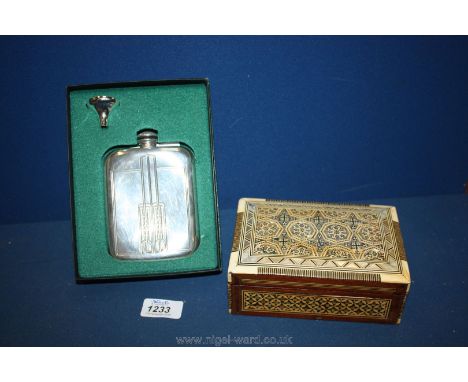 A Charles Rennie Mackintosh style hip Flask and a small mother of pearl Box.
