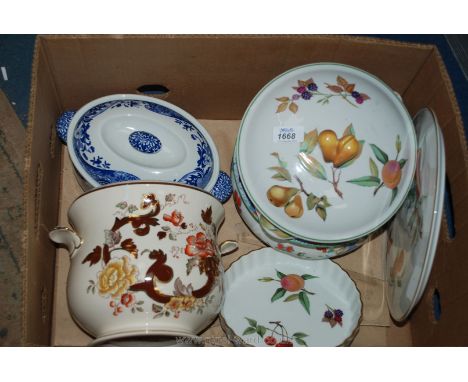 A Mason's brown velvet plant Pot, Ashworth Brows. chamber pot, Spode lidded casserole dish, a Royal Worcester Evesham pattern