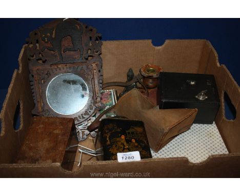 A quantity of miscellanea including Brownie camera, cheese board, hall mirror, tea caddy, canister, carved cone candle holder