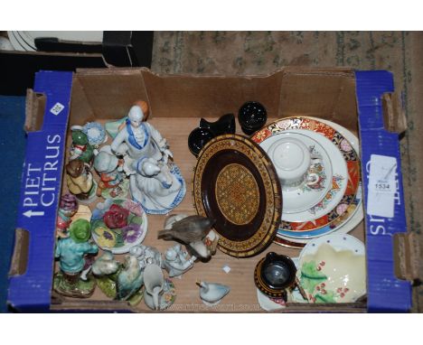 A box of china including ornaments, posy, 1935 Jubilee trio, Carltonware pin dish, etc.