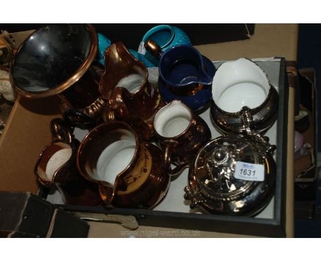 Five miscellaneous lustre ware jugs, a lustre ware vase, a Royal Worcester milk jug and a sucrier with a lid in silver colour