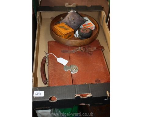 A high quality leather Briefcase, plus treen bowl, treen trinket box depicting shoes, pin cushion with hat pins, etc.