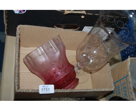 A Victorian celery vase and a cranberry glass light shade.