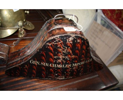 An old tin plate Napoleon's hat-shaped Hat Case painted to simulate tortoiseshell and painted with "Gen. Sir Charles Monro, G