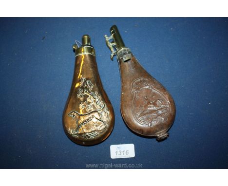 A leather shot flask and a copper powder flask.