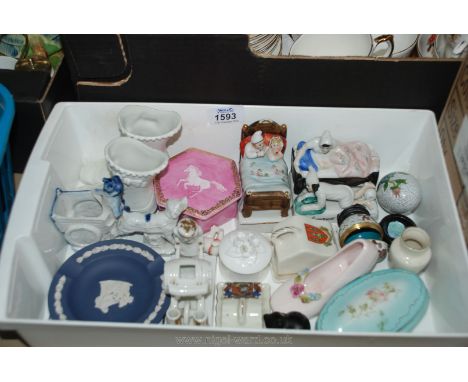 A small quantity of china including fairings, Wedgwood jasper ware pin dishes, crested ware items, trinket boxes, etc.