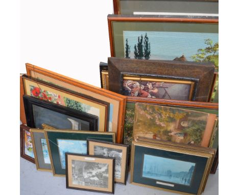 A quantity of tapestry, one depicting an owl, one depicting a castle and moat, various decorative prints to include three exa