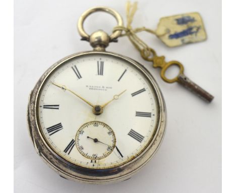 A hallmarked silver open faced pocket watch, enamel dial set with Roman numerals and subsidiary seconds hand, inscribed 'E. L