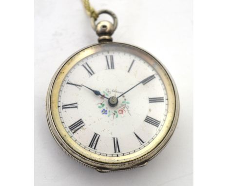 A small Continental silver open faced pocket watch, enamel dial set with Roman numerals.