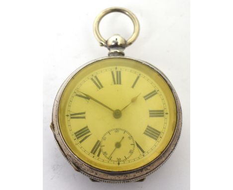 A  silver open faced pocket watch, enamel dial set with Roman numerals and subsidiary seconds hand.