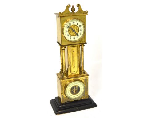 A brass mantel clock/barometer in the form of a longcase clock, broken swan neck pediment above a dial set with Arabic numera