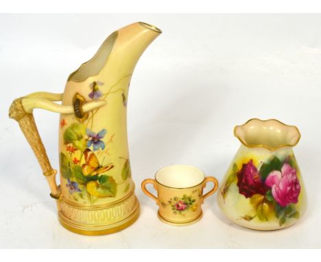 Royal Worcester; a small baluster vase with fluted rim, hand painted and signed E. S. Pilsbury, G957, puce marks to the base,