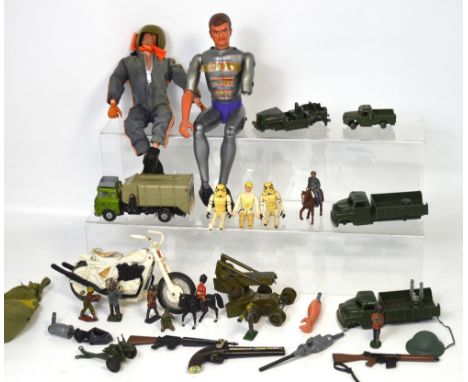 Three 'Star Wars' figures, all produced in 1977, two 'Storm Troopers' and 'Luke Skywalker' (all af), Lone Star and Dinky army