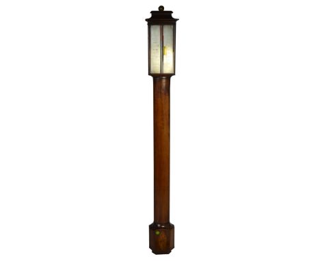 An early Victorian mahogany and inlaid Stott of Dumfries stick barometer with moulded pediment above rectangular silvered dia