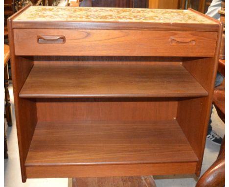 A retro G Plan teak tile top kitchen unit, single long drawer with cutlery section above two shelves, width 85cm.