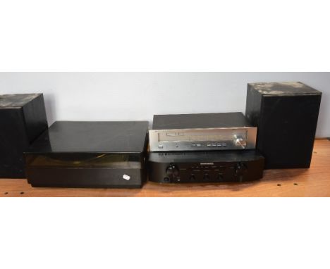 A Goldring and Lenco GL78 stereo transcription turn table, a Prinz T500 Am FM stereo tuner, a Marantz integrated amplifier PM