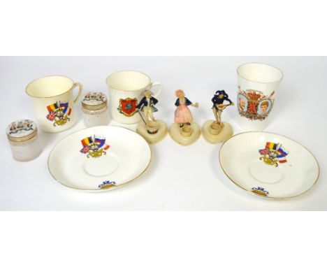 A pair of hand painted glass trinket pots bearing early Liverpool City crest to the tops, a set of three vintage hand painted