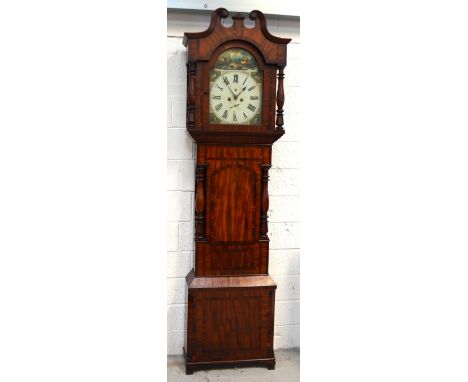 A 19th century mahogany eight day long case clock with broken swan neck pediment above the hand painted dial set with Roman n