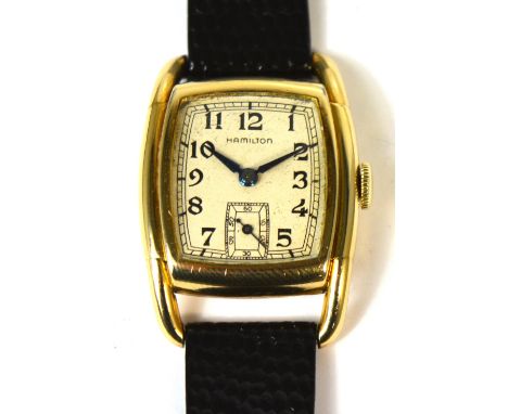 Hamilton 1938 gentlemen's "Dodson" tank style watch, gold filled case, manual wind Calibre 987 17 jewel movement, cream satin