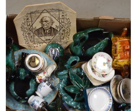 A box of ceramics to include various pieces of Canadian blue porcelain, a swan, a bird on a branch, a leaf dish and others, a