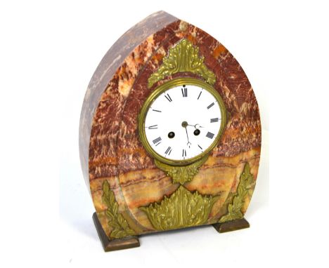 A c.1900 bloodstone mantel clock with gilded metal decoration and white enamel dial set with Roman numerals (af lacking bezel