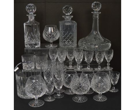Three vintage cut glass decanters, one a ships decanter, a quantity of crystal drinking glasses, six Royal Doulton collectors