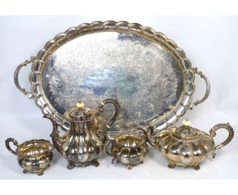 An Elizabeth II hallmarked silver Barker Ellis Silver Co. twin handle tray, coffee pot, jug and basin, all Birmingham 1970, a