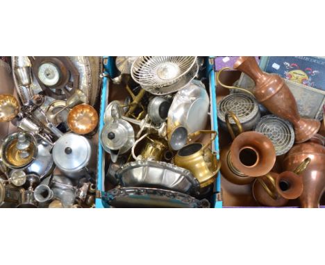 A quantity of silver plated items, copperware and brassware to include trays, candelabra, jugs, etc, also a 20th century wall