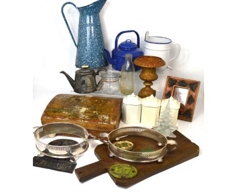 A quantity of kitchenalia to include an enamel teapot and jug, silver plated items, ceramic, jars etc.