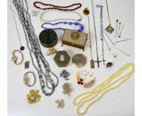 A quantity of costume jewellery to include brooches, Timex watches, jewellery boxes, necklaces, an Art Deco powder compact wi
