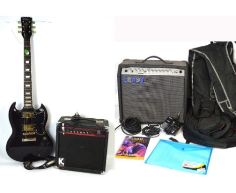 A cased 'Vintage' electric guitar with Wilkinson pickups and a spare case, a Lane amplifier TF100 and foot pedal and a Kustom